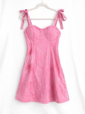 SHEIN MOD Pink Denim Mini Dress Tie Strap Bustier A-Line Summer